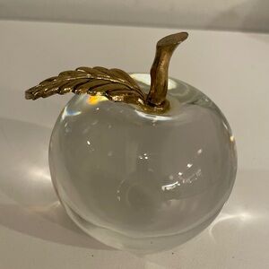 Vintage Glass Apple Paperweight with Brass Leaf Accent